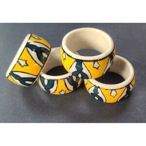 Pier 1 Imports Southwestern Painted Green Yellow Ceramic Napkin Rings Set of 4